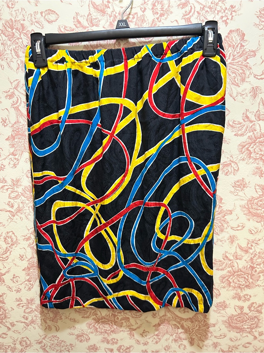 90s Black Pencil Skirt with Red, Blue and Yellow Loop Print